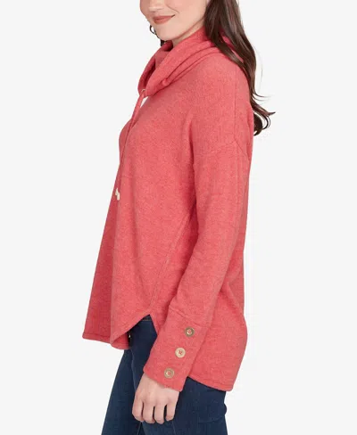 Ruby Rd. Petite Cowl Neck Cozy Hatchi Drawstring Top In Pink