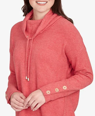 Ruby Rd. Petite Cowl Neck Cozy Hatchi Drawstring Top In Pink