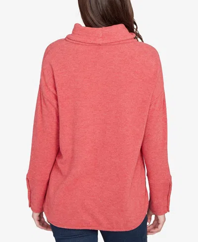 Ruby Rd. Petite Cowl Neck Cozy Hatchi Drawstring Top In Pink