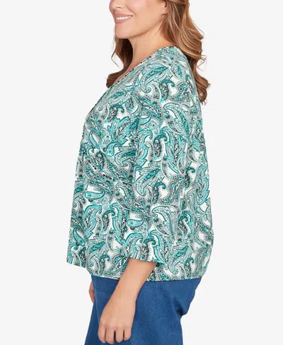 Hearts Of Palm Plus Size Printed 3/4 Sleeve Surplice Neck Top In Multi