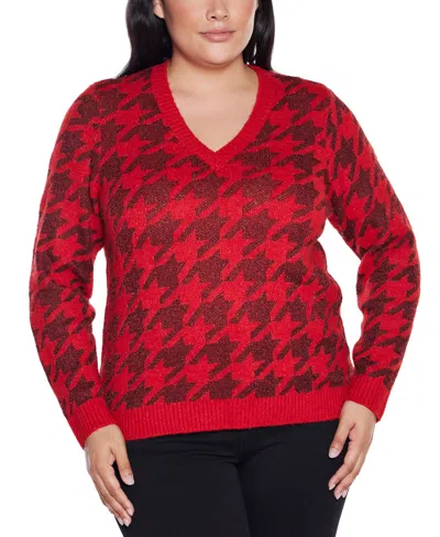 Belldini Women's Stylized-houndstooth V-neck Sweater In Red