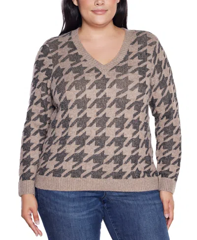 Belldini Women's Stylized-houndstooth V-neck Sweater In Neutral