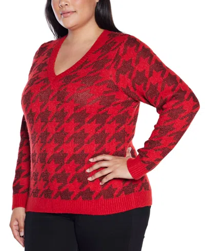 Belldini Women's Stylized-houndstooth V-neck Sweater In Red