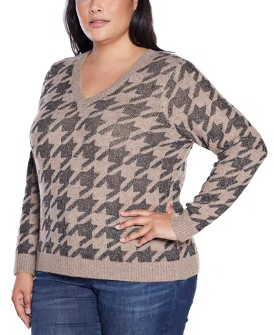 Belldini Women's Stylized-houndstooth V-neck Sweater In Neutral