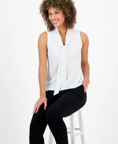 Kasper Plus Size Embellished Tie-front Sleeveless Top In White