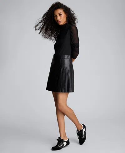 Kenneth Cole Jodie Long Sleeve Mixed Media Faux Leather Minidress In Black