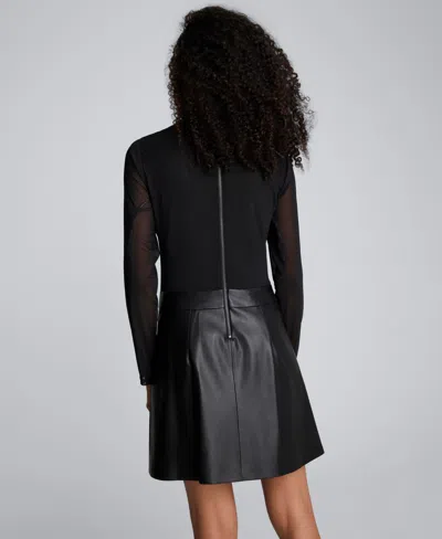 Kenneth Cole Jodie Long Sleeve Mixed Media Faux Leather Minidress In Black
