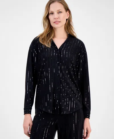 Anne Klein Women's Metallic-stripe Split-neck Blouse In Black