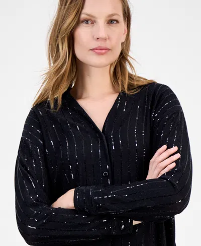 Anne Klein Women's Metallic-stripe Split-neck Blouse In Black