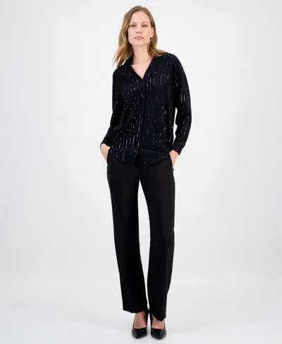 Anne Klein Women's Metallic-stripe Split-neck Blouse In Black