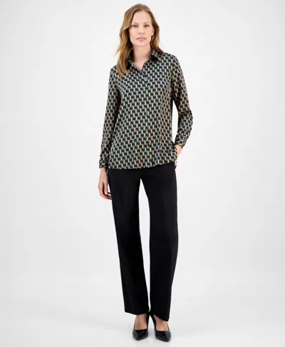 Anne Klein Zigzag Print Button-up Tunic Shirt In Brown