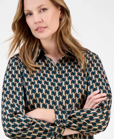 Anne Klein Zigzag Print Button-up Tunic Shirt In Brown