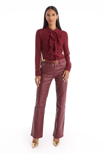 The Noli Shop Aria Coated Flare Jean In Burgundy