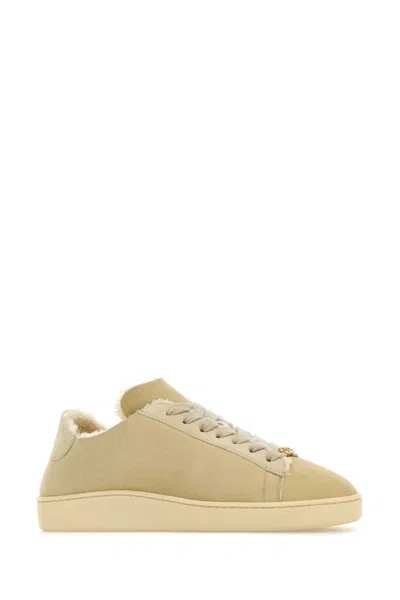 Valentino Royco Shearling Round Toe Flat Sole Sneakers In Neutral