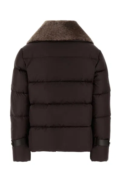 Fendi Women Brown Down Jacket With Shearling Collar And Logo Patch On The Front In Tech Fabric Woman In Brown