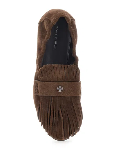 Tory Burch Ballet Fringe Suede Loafers With Rubber Sole In Brown