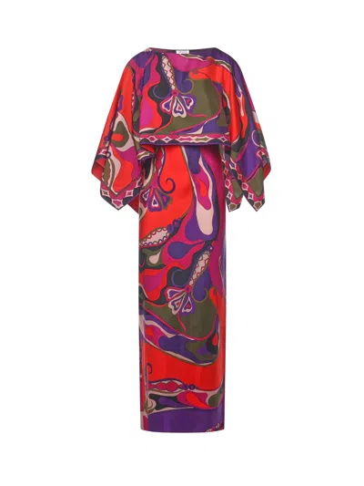 Pucci Orchidee-print Cape-detail Maxi Dress In Blue
