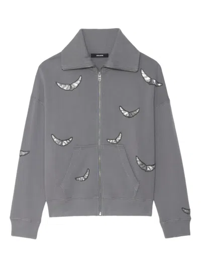 Zadig & Voltaire Womens Milly Wing-embroidered Zipped Cotton Sweatshirt Medium Grey In Gray