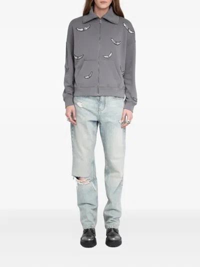Zadig & Voltaire Womens Milly Wing-embroidered Zipped Cotton Sweatshirt Medium Grey In Gray