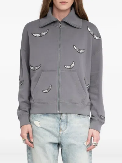 Zadig & Voltaire Womens Milly Wing-embroidered Zipped Cotton Sweatshirt Medium Grey In Gray