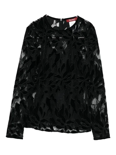 Max Mara Tulle T-shirt With Velvet Embroidery In Black