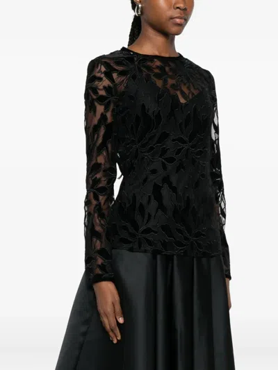 Max Mara Tulle T-shirt With Velvet Embroidery In Black