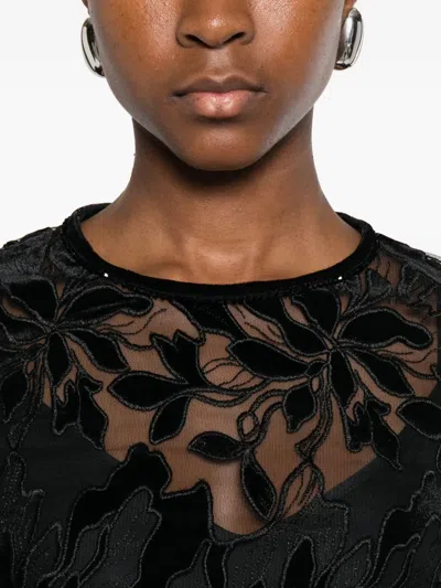 Max Mara Tulle T-shirt With Velvet Embroidery In Black