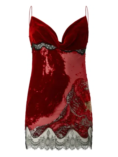Roberto Cavalli Mini Slip Dress With Deep Cowl Neckline And Abstract Pattern In Red