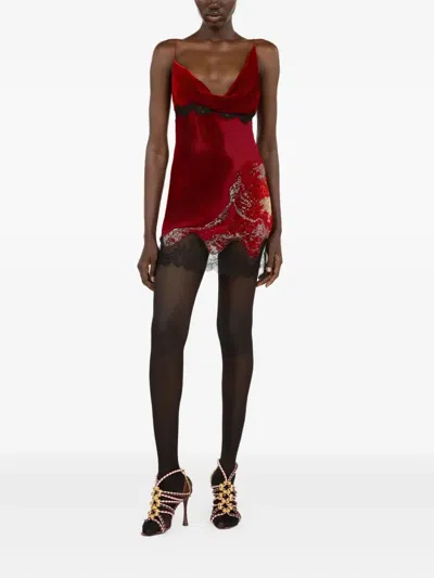 Roberto Cavalli Mini Slip Dress With Deep Cowl Neckline And Abstract Pattern In Red