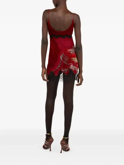 Roberto Cavalli Mini Slip Dress With Deep Cowl Neckline And Abstract Pattern In Red