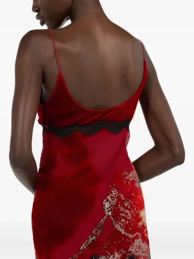 Roberto Cavalli Mini Slip Dress With Deep Cowl Neckline And Abstract Pattern In Red