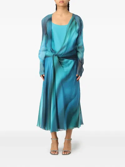 Alberta Ferretti Printed Chiffon Midi Dress In Blue