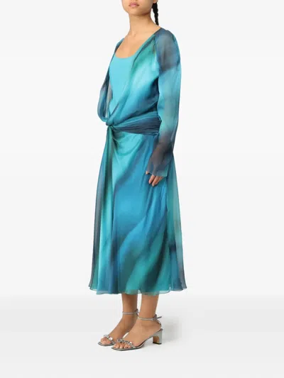Alberta Ferretti Printed Chiffon Midi Dress In Blue