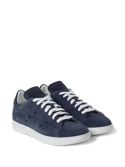 Kiton Perforated Calf Suede Sneakers In Blue