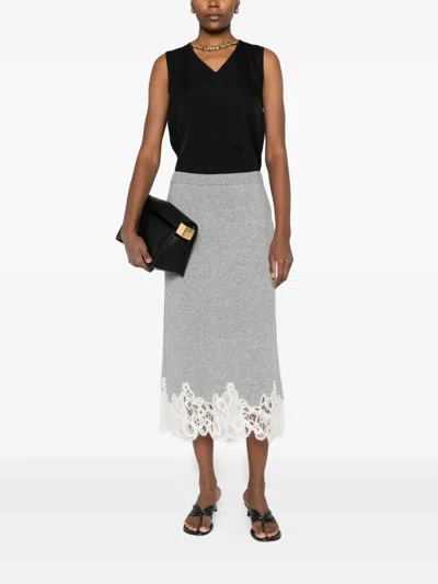 Fabiana Filippi Virgin Wool Lace Trim Midi Skirt In Gray