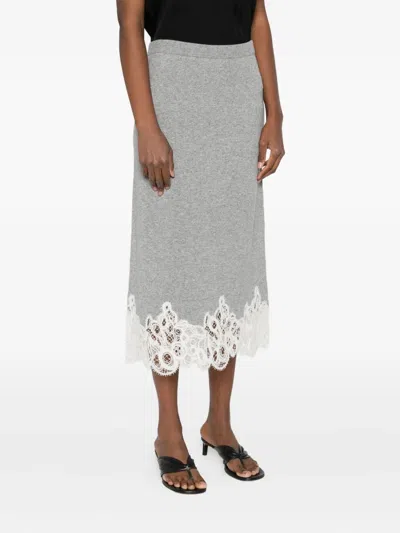 Fabiana Filippi Virgin Wool Lace Trim Midi Skirt In Gray