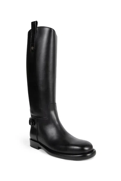 Burberry Women Black Boots With Side Logo Plaque In Leather Woman In Black