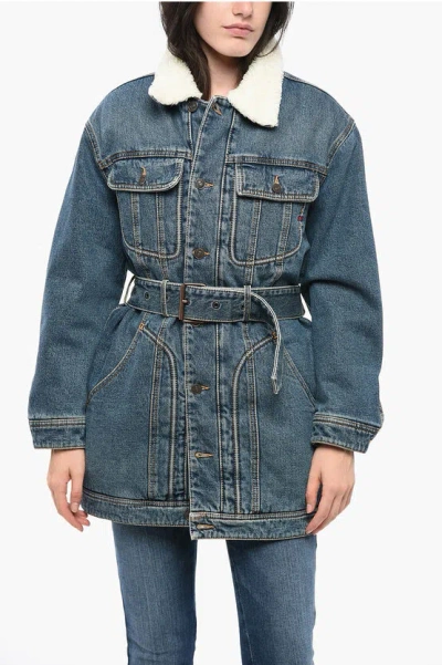 Diesel Library Denim De-flaminia-t Coat With Belt And Faux Fur Lini Grösse Xs In Blue