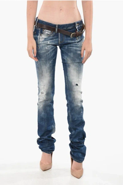 Dsquared2 Low-waist Painting Effect Sharpei Jeans With Belt 18cm Grösse 48 In Blue