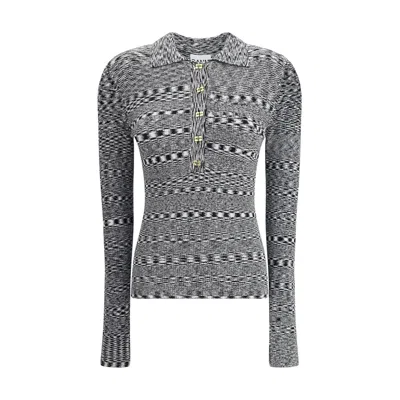 Ganni Black And White Polo Shirt With All-over Space-dye Effect And Button Closure In Fabric Woman In Gray