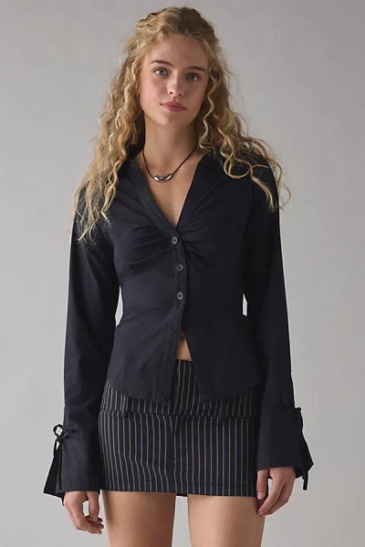 Kimchi Blue Poppy Button-front Flyaway Slim Shirt Top In Black, Women's At Urban Outfitters In Black