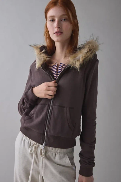 Out From Under Bundle Up Faux Fur Trim Zip-up Hoodie Sweatshirt In Dark Brown, Women's At Urban Outfitters In Brown