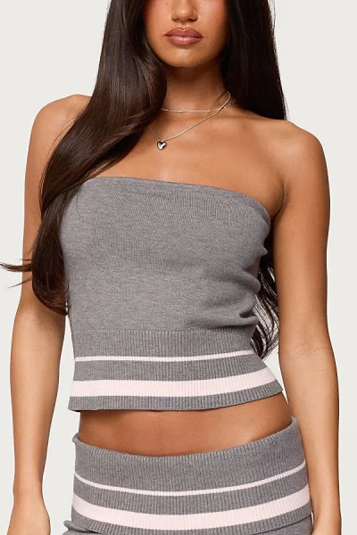 Edikted Kaliya Stripey Strapless Knit Top In Gray