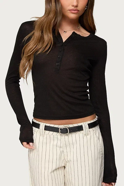 Edikted Nettie Ribbed Henley Top In Black