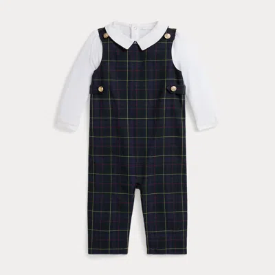 Ralph Lauren Cotton Bodysuit & Plaid Overall Set In Blue
