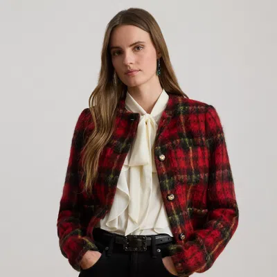 Lauren Petite Ralph Lauren Plaid Mohair Cropped Jacket In Brown