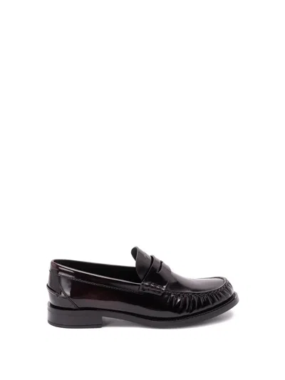 Prada Round Toe Leather Loafers With Shiny Finish In Burgundy