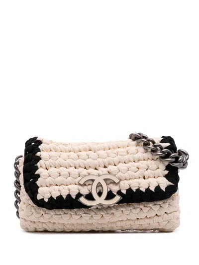 Pre-owned Chanel 2014 Neoprene Fancy Crochet Flap Shoulder Bag In White