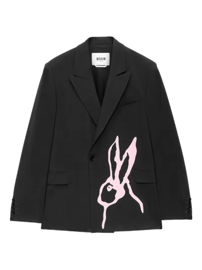 Msgm Rabbit-print Single-breasted Blazer In Black