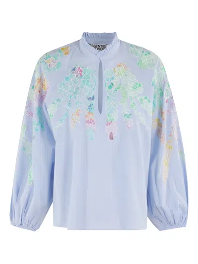 Essentiel Antwerp Appliqued Detail Top With Ruffled High Collar In Blue